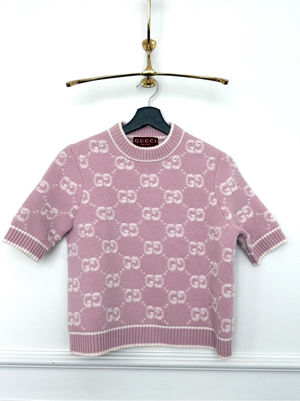 Gucci Pink GG Jacquard Knit Short Sleeve Top S